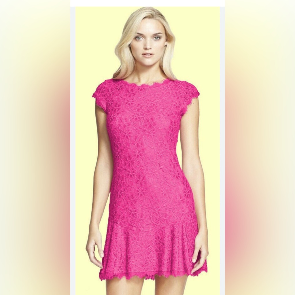 Diane Von Fustenberg Dvf Brittany Stretch Lace Jewl Pink Dress. Size 2
